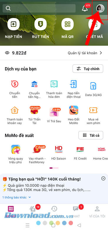 Ấn vào ảnh đại diện
