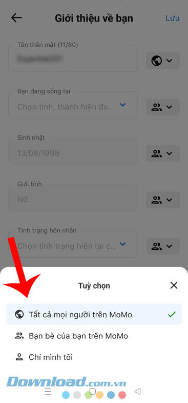 Chọn đối tượng xem được tên thân mật của mình