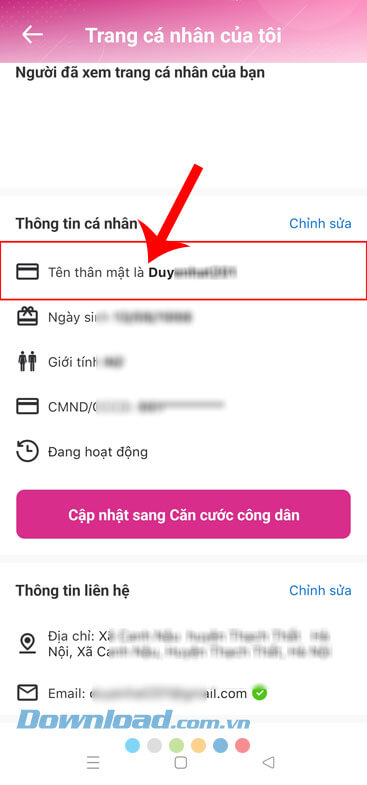 Đã tạo biệt danh cho tài khoản MoMo
