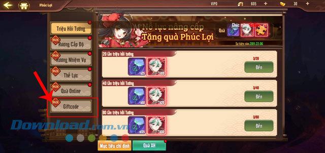 Ấn vào mục Giftcode