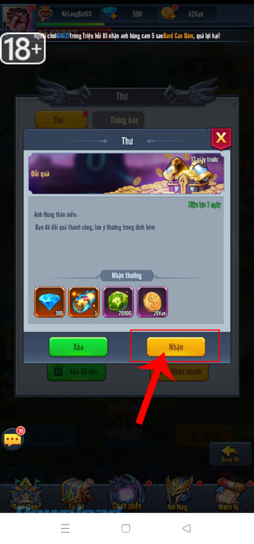 Chạm vào nút Nhận
