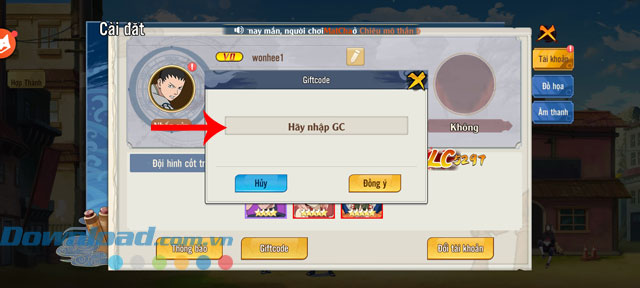 Nhập một trong những mã code ở trên