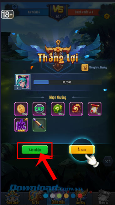 Nhấn vào nút Xác nhận để đi tới ải khác