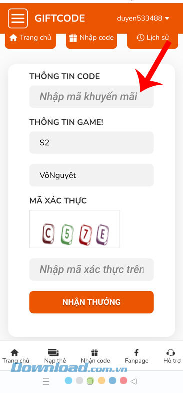 Nhập code game, server, tên nhân vật game, mã xác thực