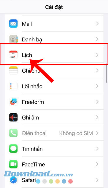 Ấn vào mục Lịch