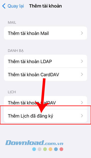 Chạm vào mục Thêm lịch đã đăng ký
