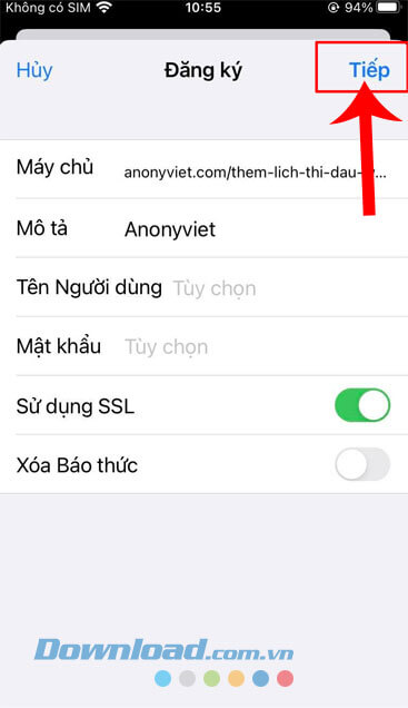 Ấn vào nút Tiếp 