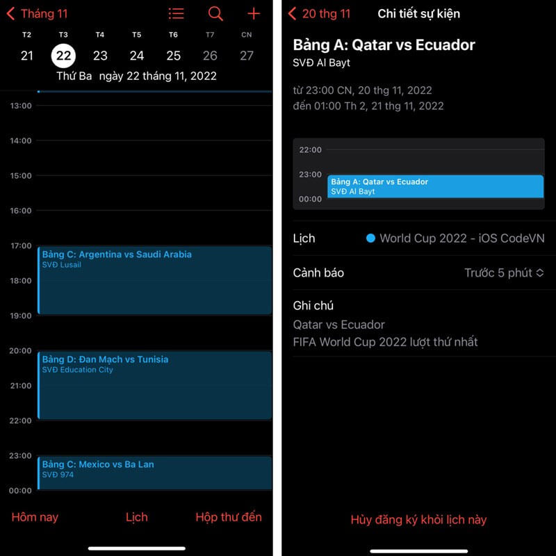 Mở ứng dụng Lịch trên iPhone để theo dõi lịch thi đấu World Cup 2022