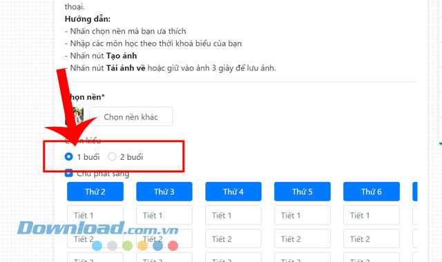 Nhập thông tin về các tiết học