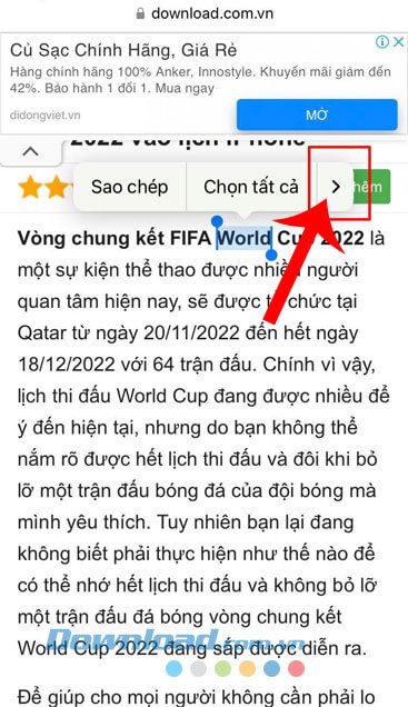  Chạm vào biểu tượng mũi tên 