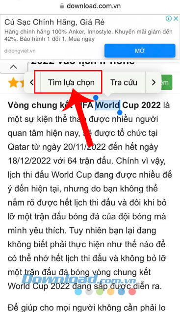 Nhấn vào mục Tìm lựa chọn