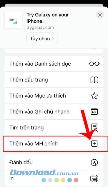 Nhấn vào mục Thêm vào MH chính