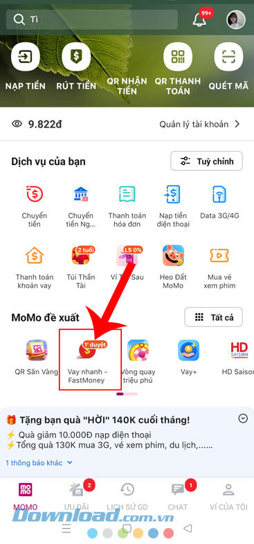 Ấn vào mục Vay nhanh - FastMoney