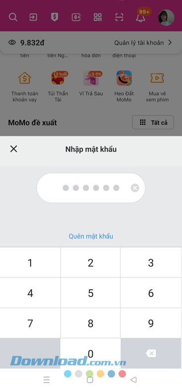 Nhập mật khẩu xác nhận ví MoMo