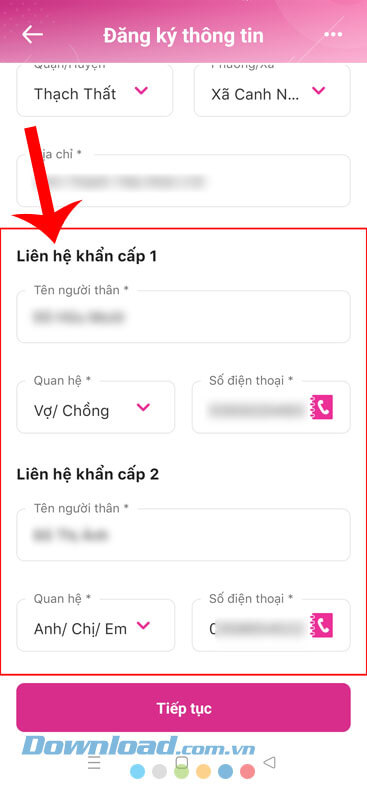 Điền thông tin liên hệ của 2 người thân