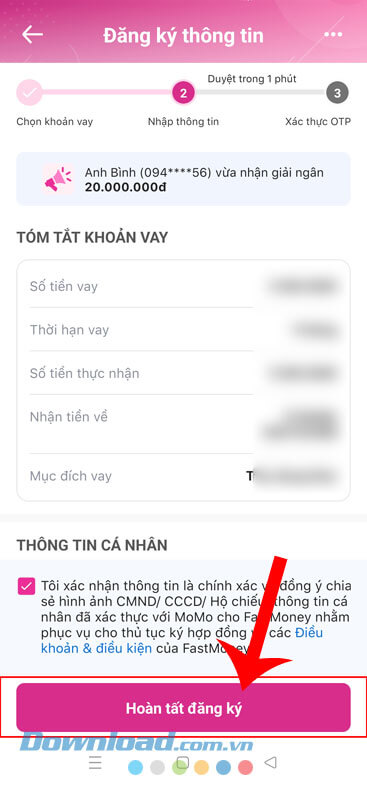 Chạm vào nút Hoàn tất đăng ký