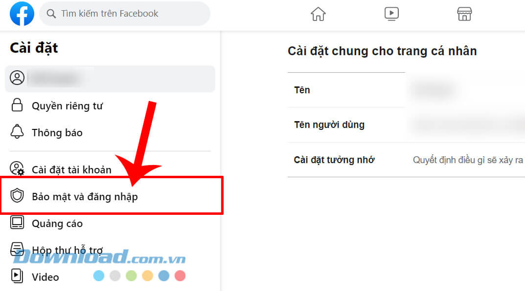 Click chuột vào mục Bảo mật và đăng nhập