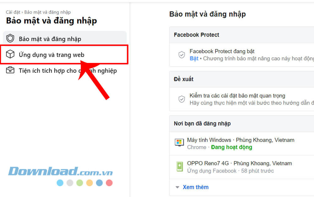 Nhấn vào mục Ứng dụng và trang web