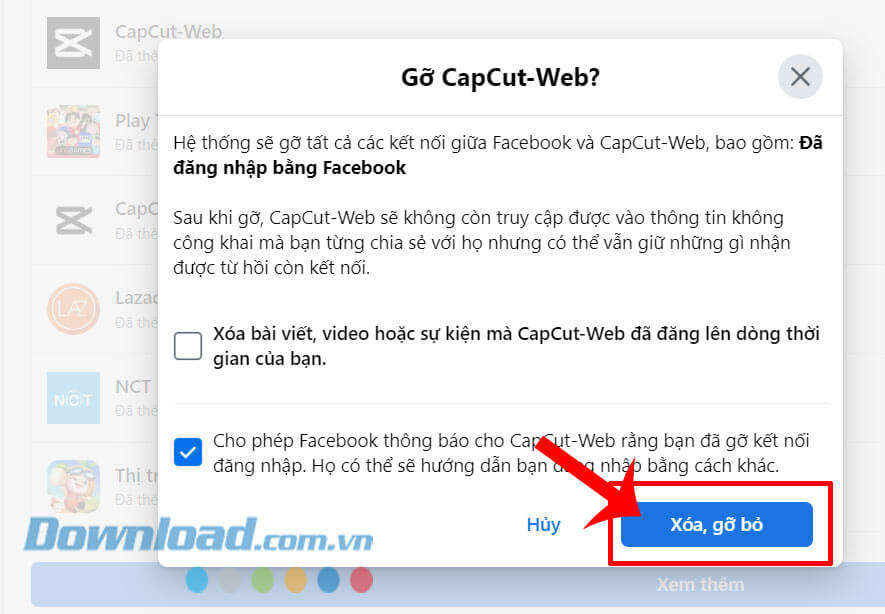 Nhấp chuột vào nút Xóa, gỡ bỏ