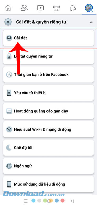 Ấn vào mục Cài đặt