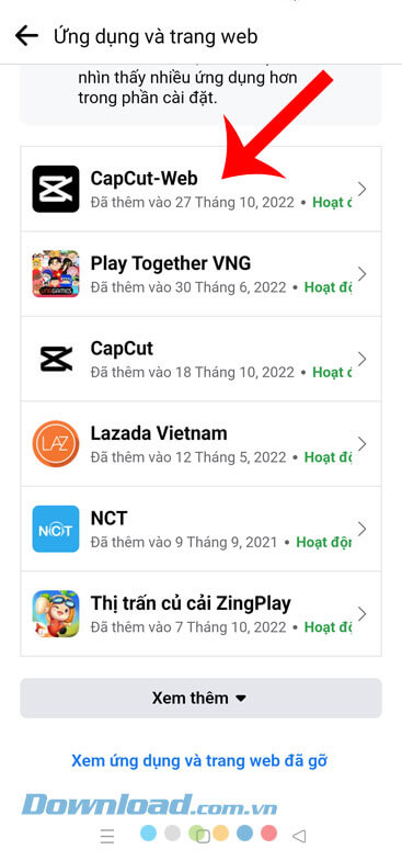  Chọn một ứng dụng, game muốn hủy liên kết