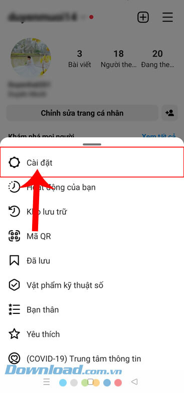 Ấn vào mục Cài đặt