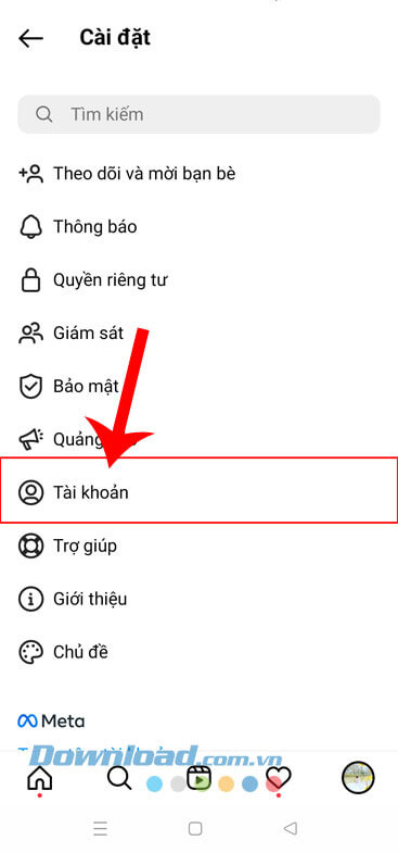 Chạm vào mục Tài khoản
