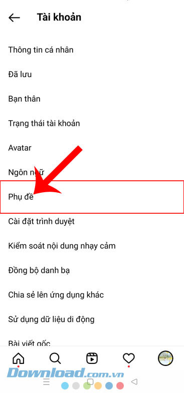 Nhấn vào mục Phụ đề