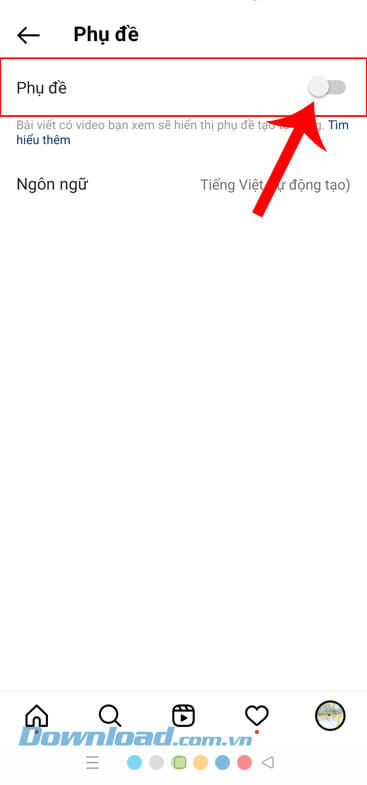 Gạt công tắc tại mục Phụ đề