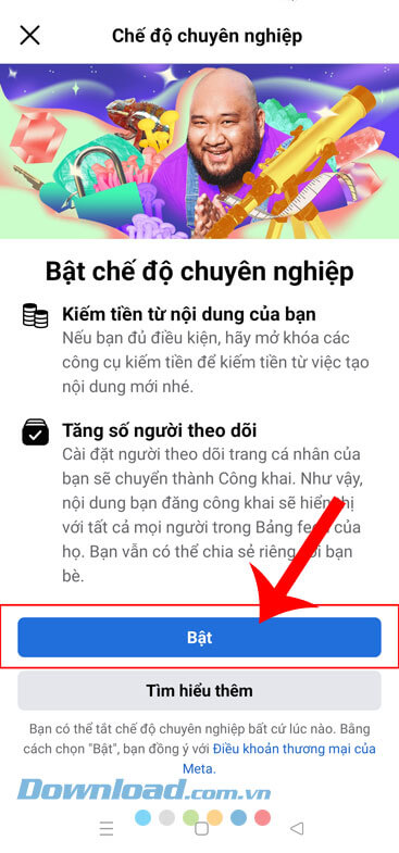 Nhấn vào nút Bật