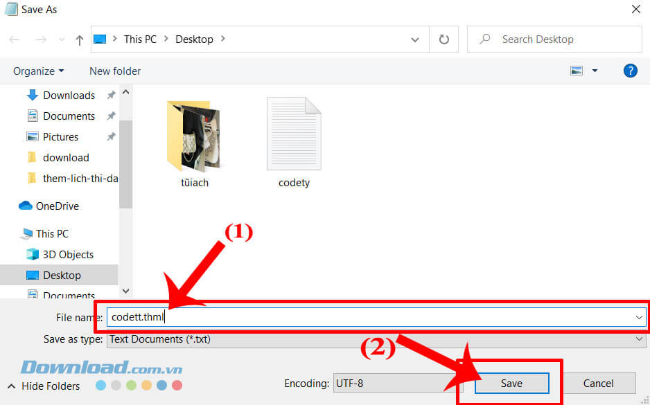 Lưu, đặt tên file với đuôi ".html"