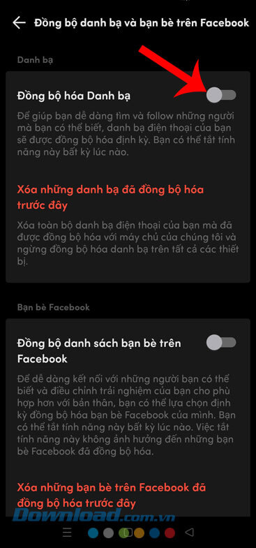 Bật công tắc tại mục Đồng bộ danh bạ và Đồng bộ danh bạ bạn bè trên Facebook