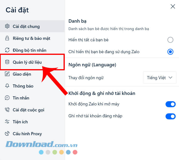Click chuột vào mục Quản lý dữ liệu 