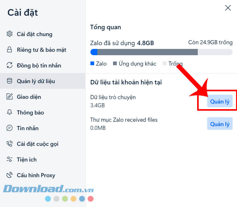 Nhấp chuột vào nút Quản lý ở bên cạnh mục Dữ liệu trò chuyện