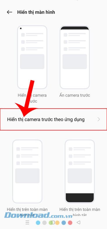 Nhấn vào mục Hiển thị camera trước theo ứng dụng