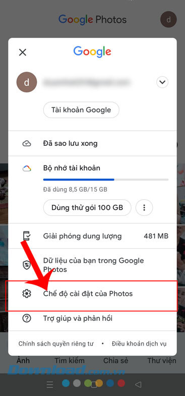 Chạm vào mục Chế độ cài đặt của Photos
