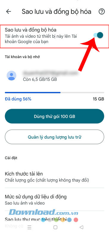 Gạt công tắc tại mục Sao lưu và đồng bộ hóa
