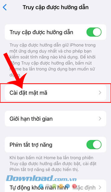 Chạm vào mục Cài đặt mật mã
