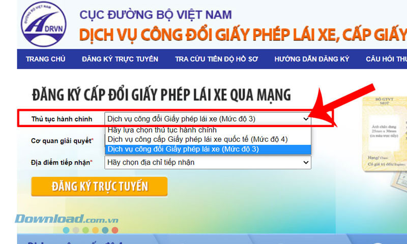 Chọn thủ tục Dịch vụ cổng đổi Giấy phép lái xe (mức độ 3)