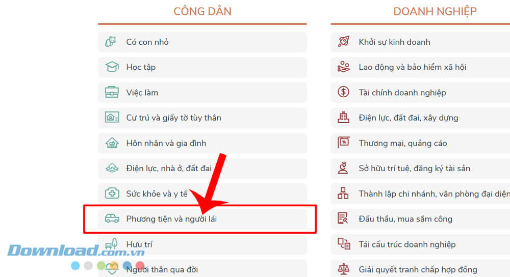 Nhấn vào mục Phương tiện và người lái
