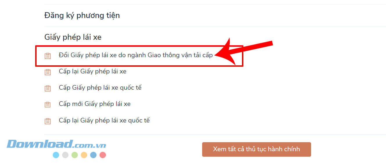 Click chuột vào nút Đổi Giấy phép lái xe do ngành Giao thông vận tải cấp