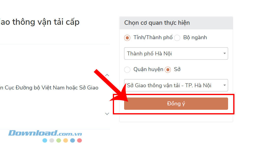 Nhấp chuột vào mục Cơ quan thực hiện và chọn tên quận, phường xã