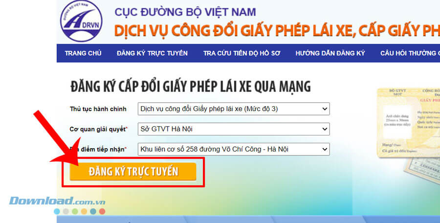 Nhấn vào nút Đăng ký trực tuyến