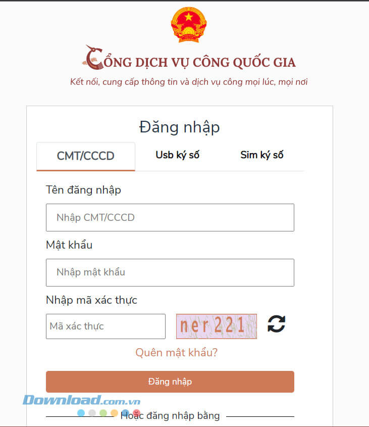 Đăng nhập tài khoản Cổng dịch vụ công Quốc gia