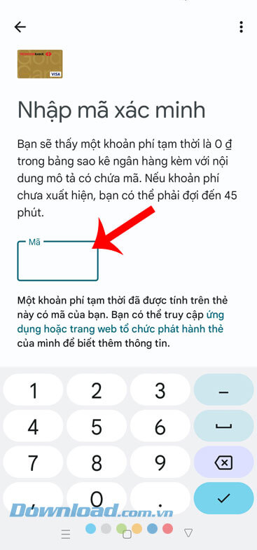 Nhập mã xác minh về thẻ
