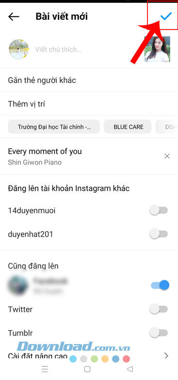 Nhấn vào biểu tượng dấu tick