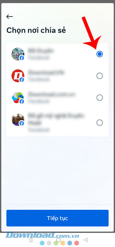 Lựa chọn nơi chia sẻ Tin, rồi nhấn vào nút Tiếp tục