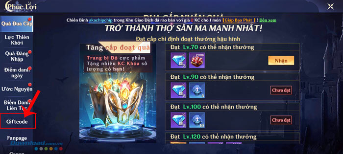Chạm vào mục Giftcode