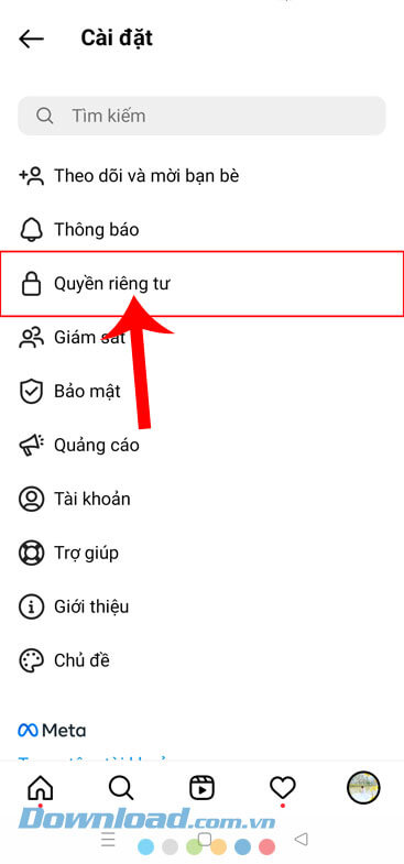Nhấn vào mục Quyền riêng tư