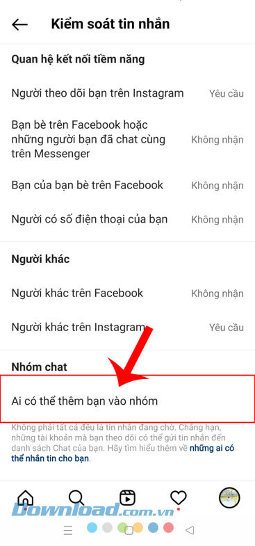 Chạm vào mục Ai có thể thêm bạn vào nhóm